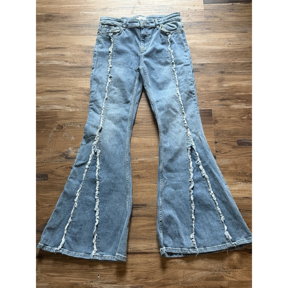 Bershka Women's Light Wash Distressed Verticals Fray Panels 70s Retro Sz 8